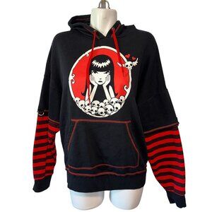 Emily the Strange Hoodie Red Black Stripe Layered Size Medium Hot Topic Y2k Emo